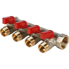 Коллектор латунный с шаровыми кранами PRO AQUA 4 выхода, 3/4х1/2